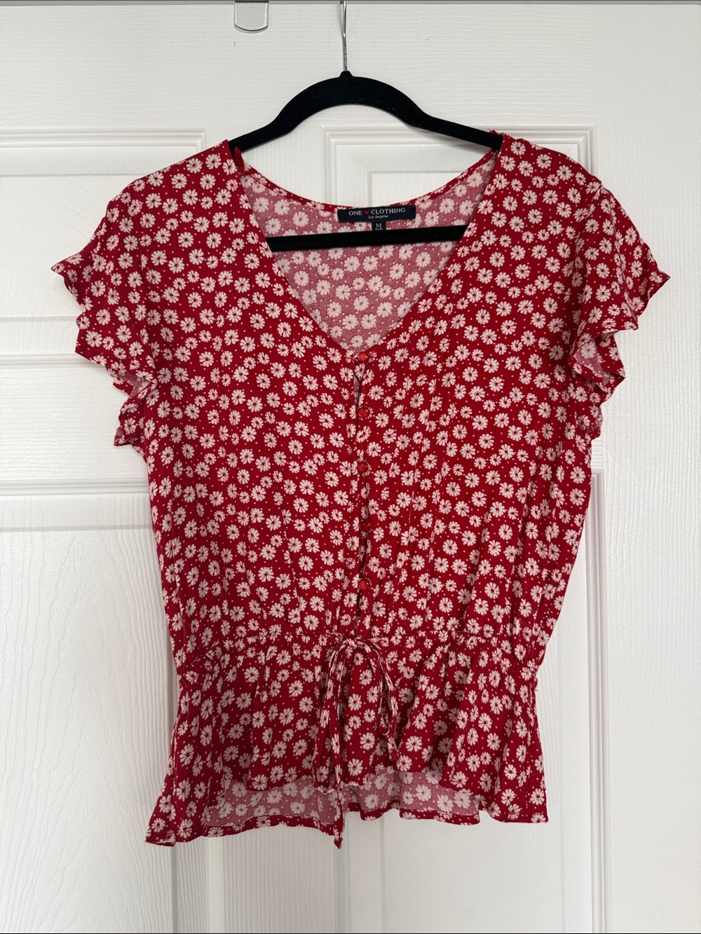 Red Daisy Tie-Waist V-Neck Flutter Sleeve Blouse